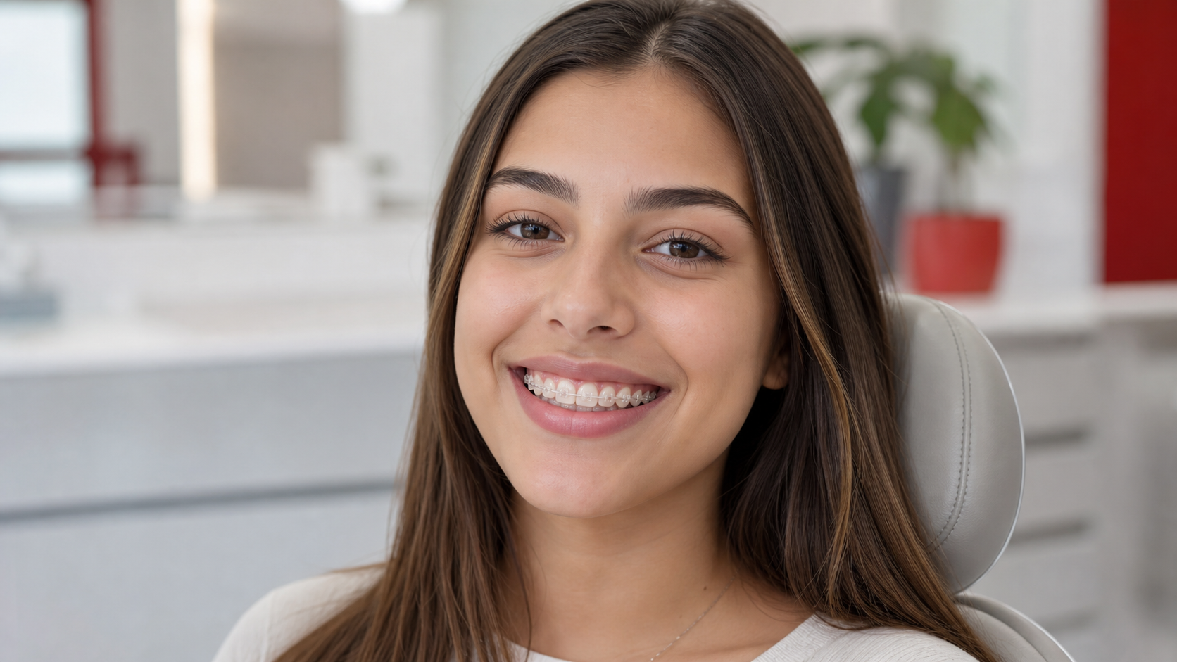 Patient smiling with ceramic braces