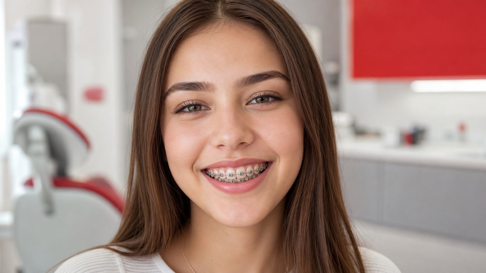 Patient smiling with metallic braces